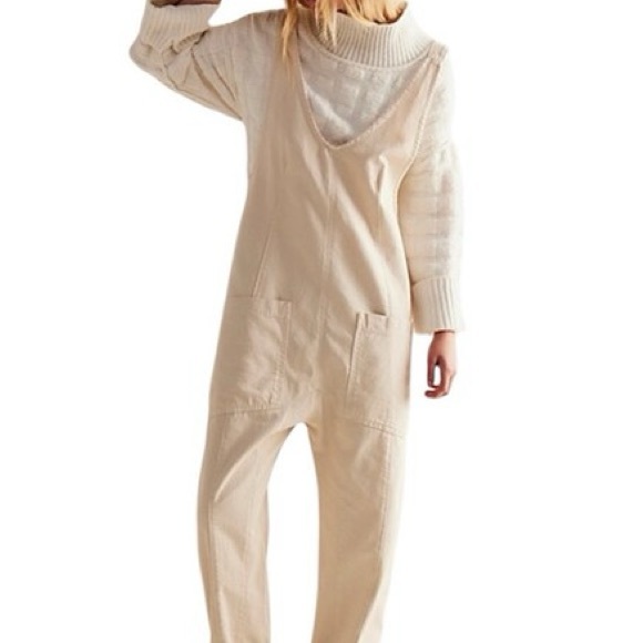 Free People We The Free Jumpsuit Womens High Roller Ivory Denim Pull On Overall - Picture 2 of 11